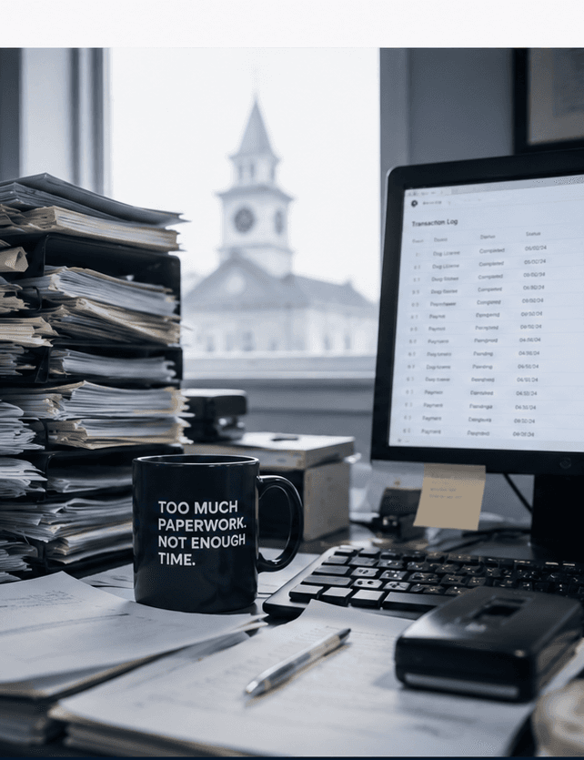 A town clerk's desk buried in paperwork